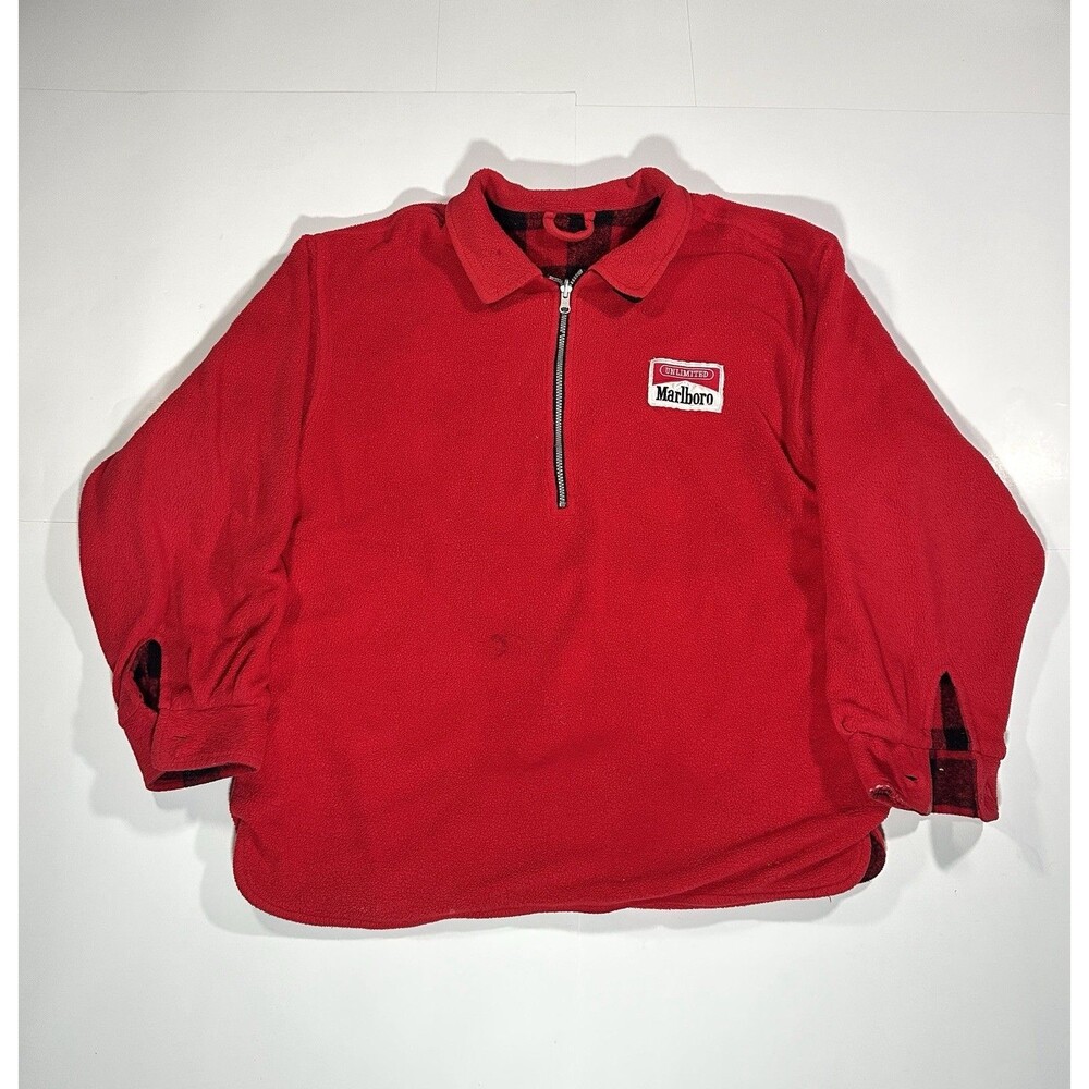 Vintage 90s Marlboro Jacket Men Size XL Red Buffalo Check Reversible Coat Fleece